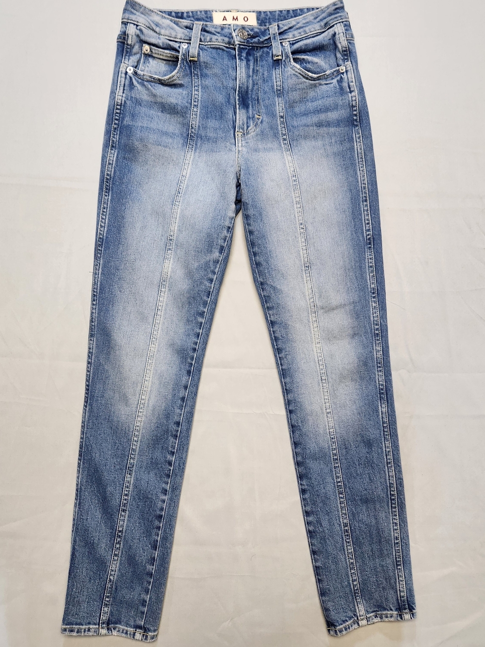 AMO Womens Denim Seamed Chelsea Long Jeans Deeply Size 27x29 Factory Distressed